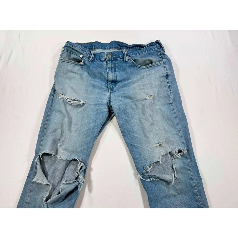 Levis 511 Slim Fit Jeans Mens 36x32 Light Wash Distressed Ripped Denim Blue
